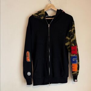 Black Zip-Up Hoodie Cardigan with Camo Sleeve and Bold Lettering